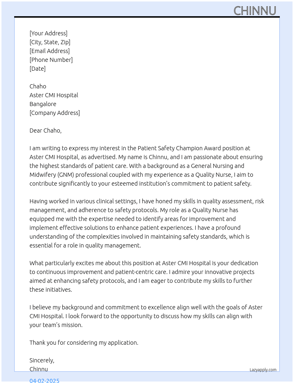 Apply a patient safety champion award  At Caho Cover Letter