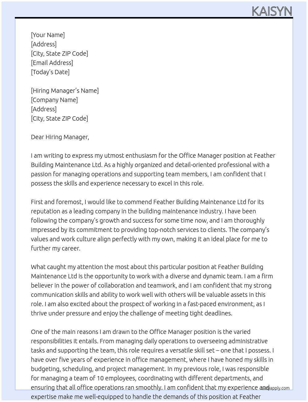 Office Manager At Feather Building Maintenance ltd Cover Letter