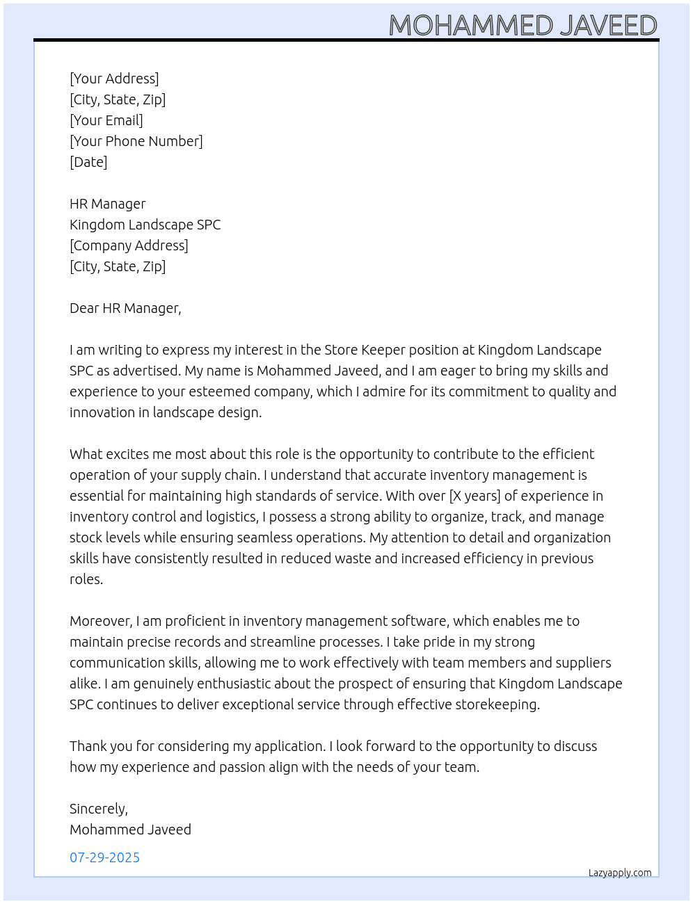 Store keeper  At Kingdom landscape Spc  Cover Letter