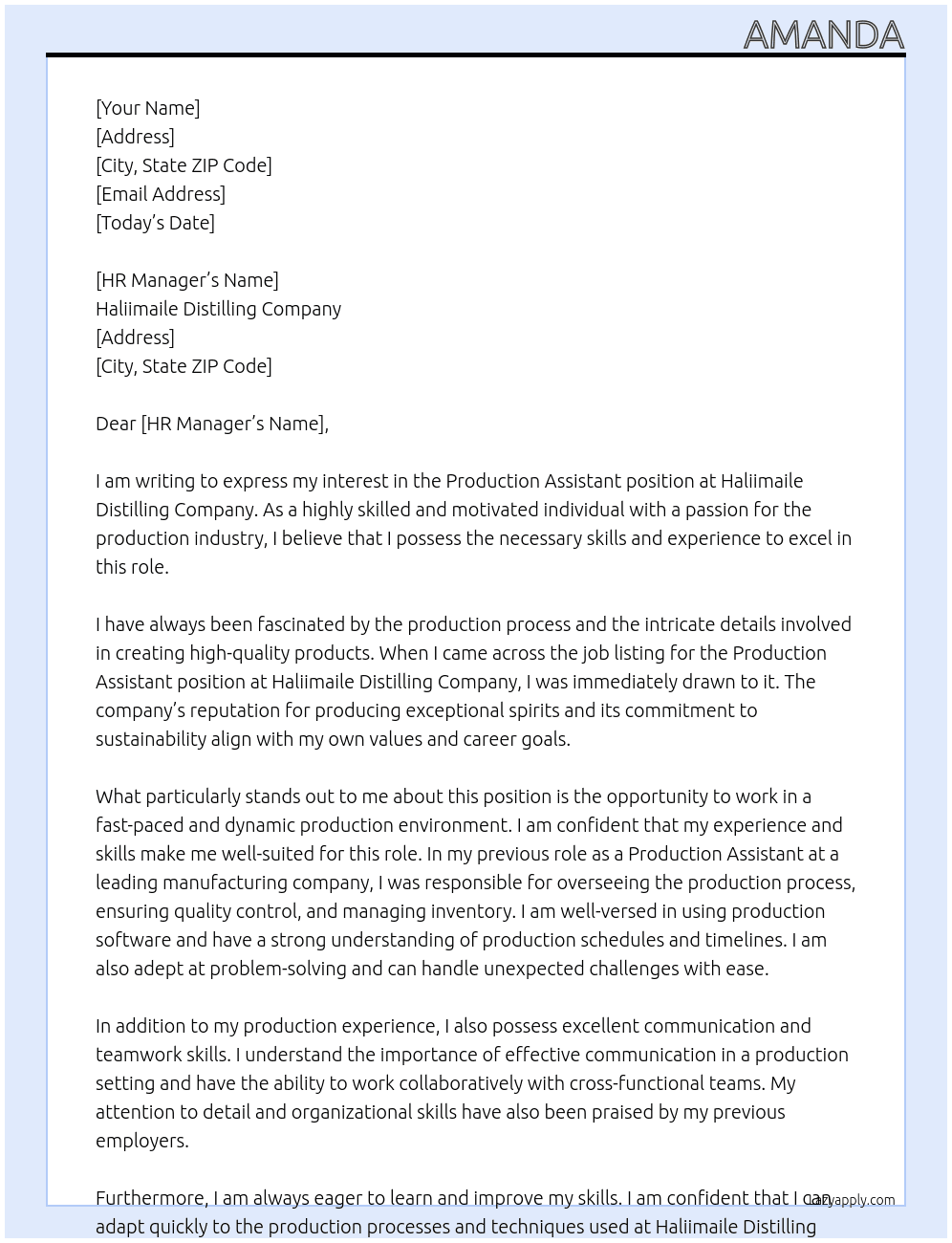 Production Assistant At Haliimaile Distilling Company Cover Letter