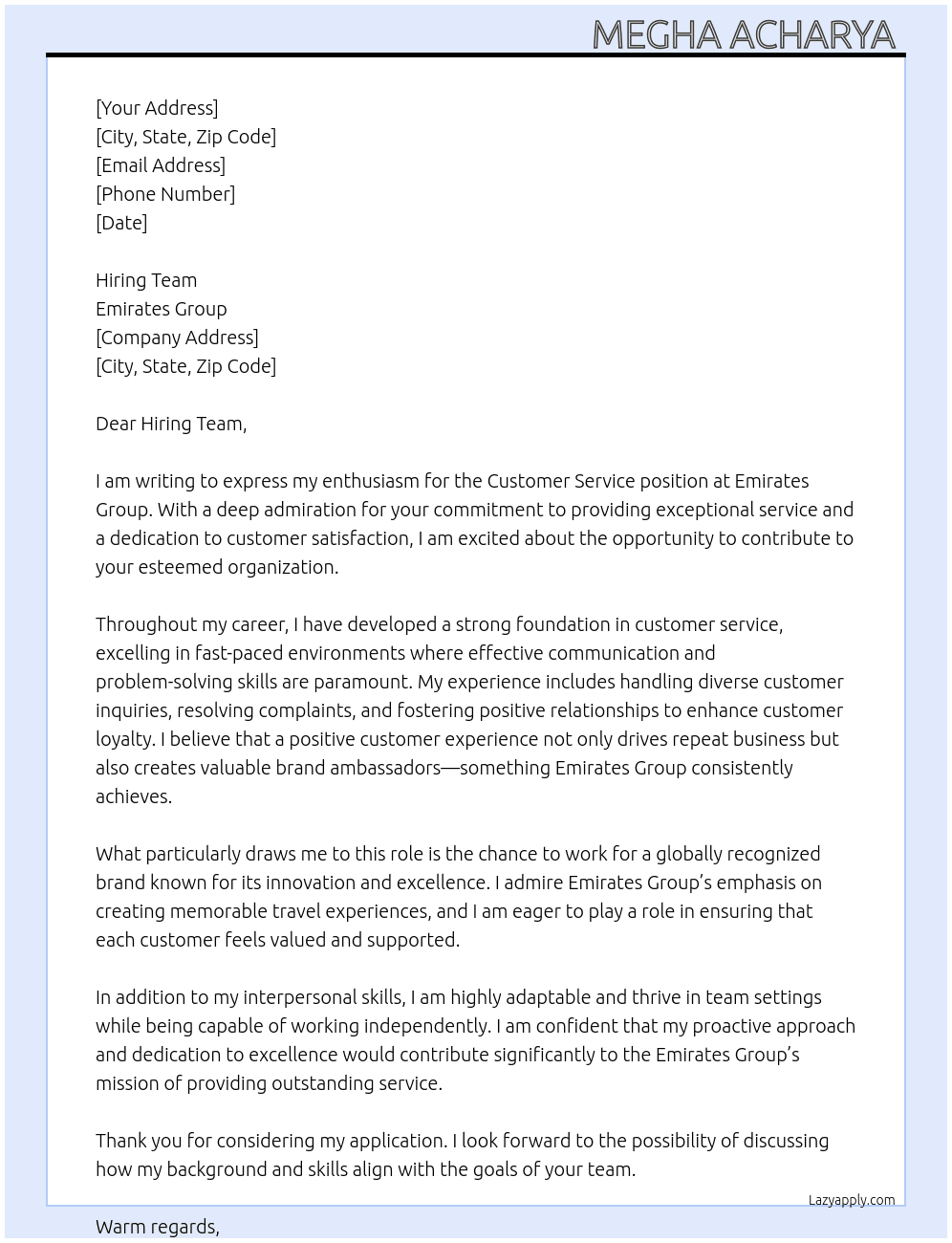 Customer service  At Emirates Group  Cover Letter