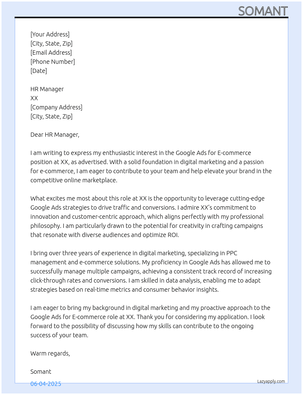 google ad for Ecommerce At xx Cover Letter