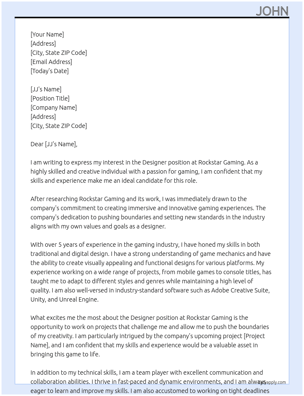 Cover letter for desinger - LazyApply