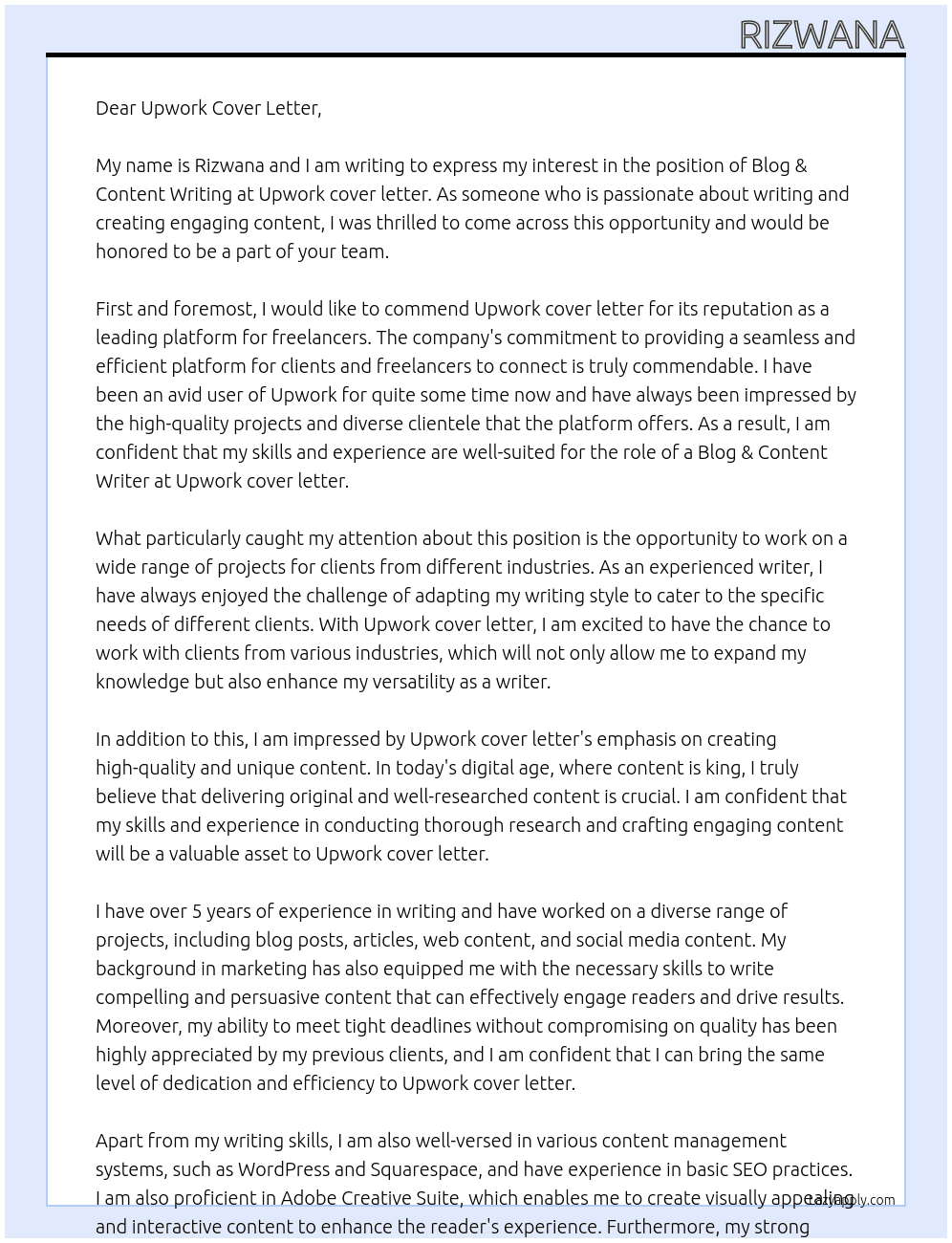 Blog & Content Writing  At Upwork cover letter  Cover Letter