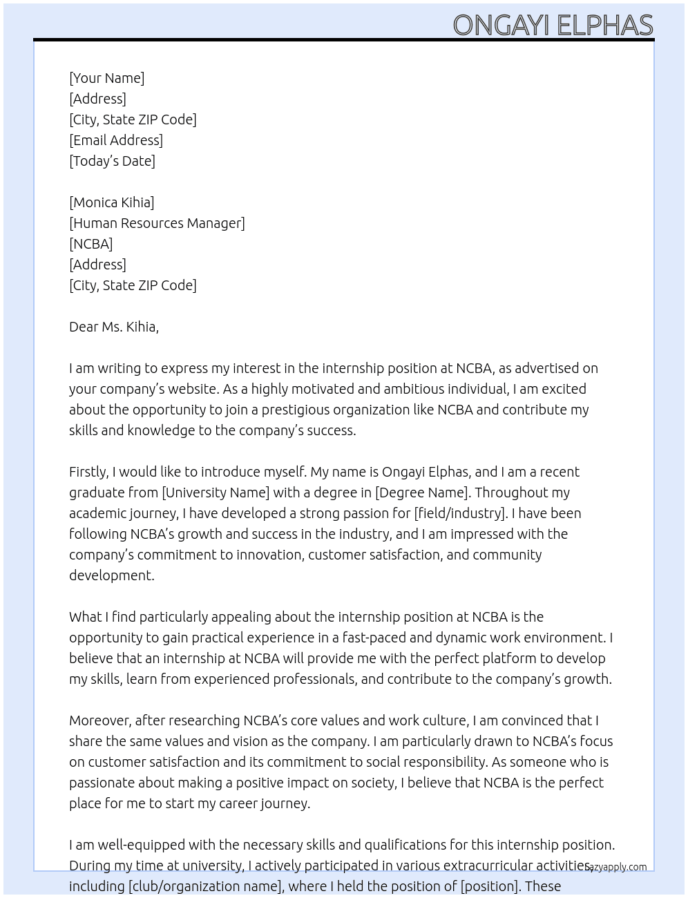 Internship At NCBA Cover Letter