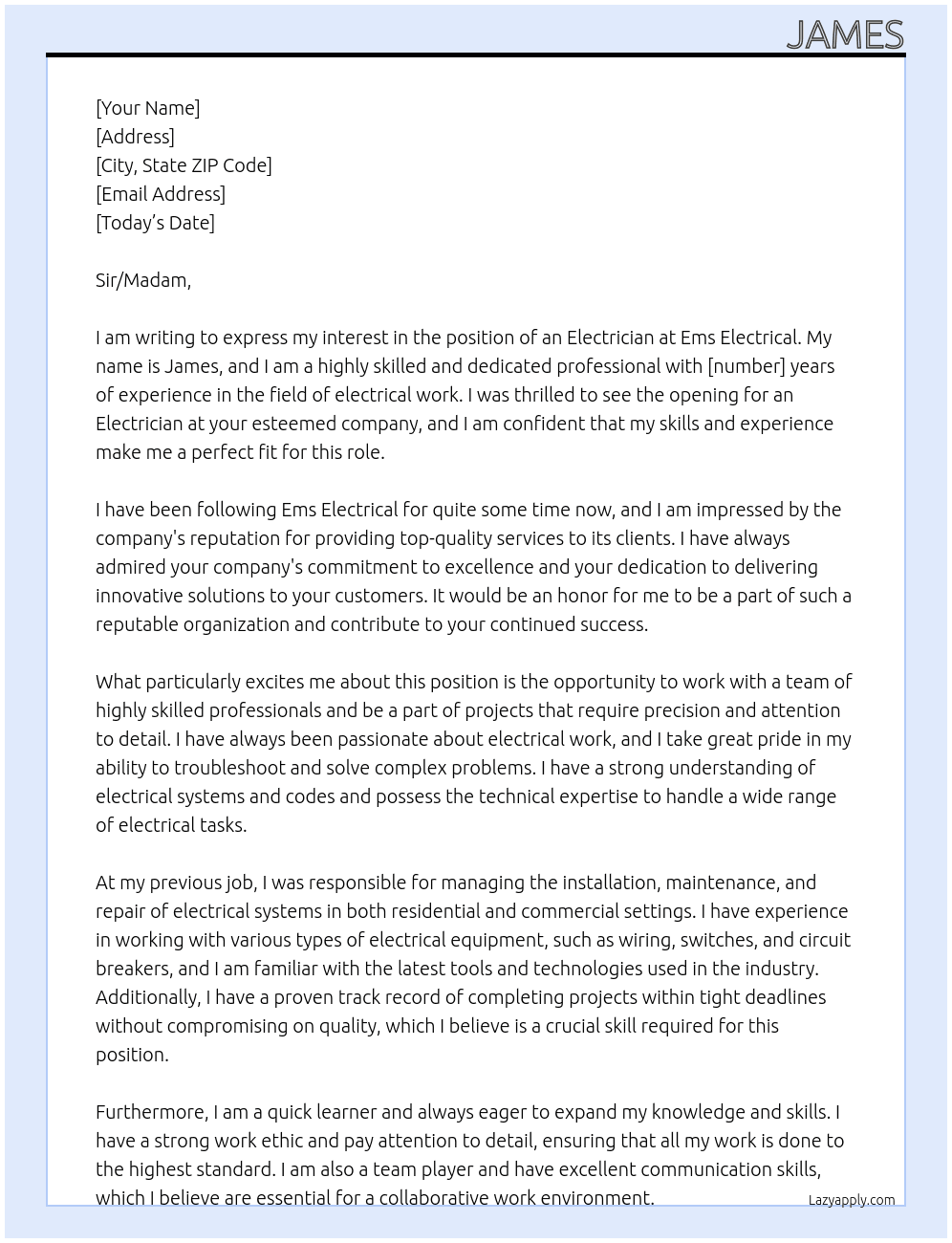 Cover letter for elecritican - LazyApply