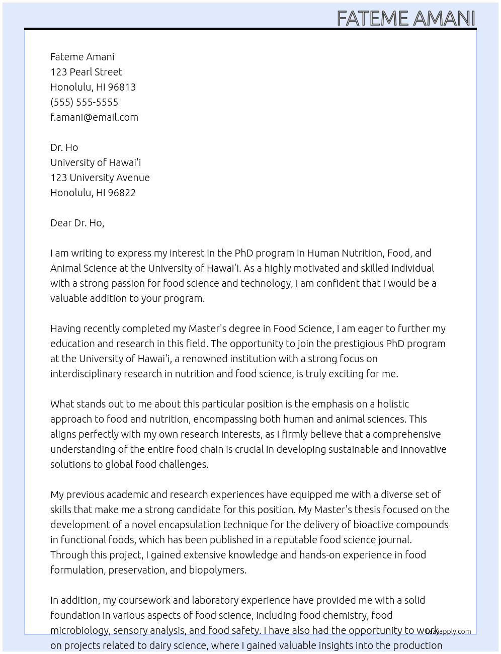 PhD program in Human nutrition, food and animal science  At University of Hawai'i  Cover Letter