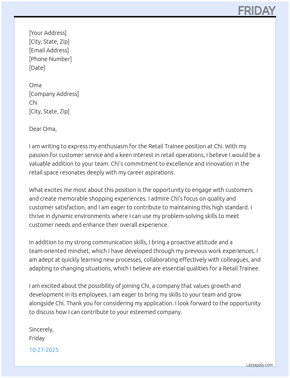 Cover letter for retail trainee - LazyApply