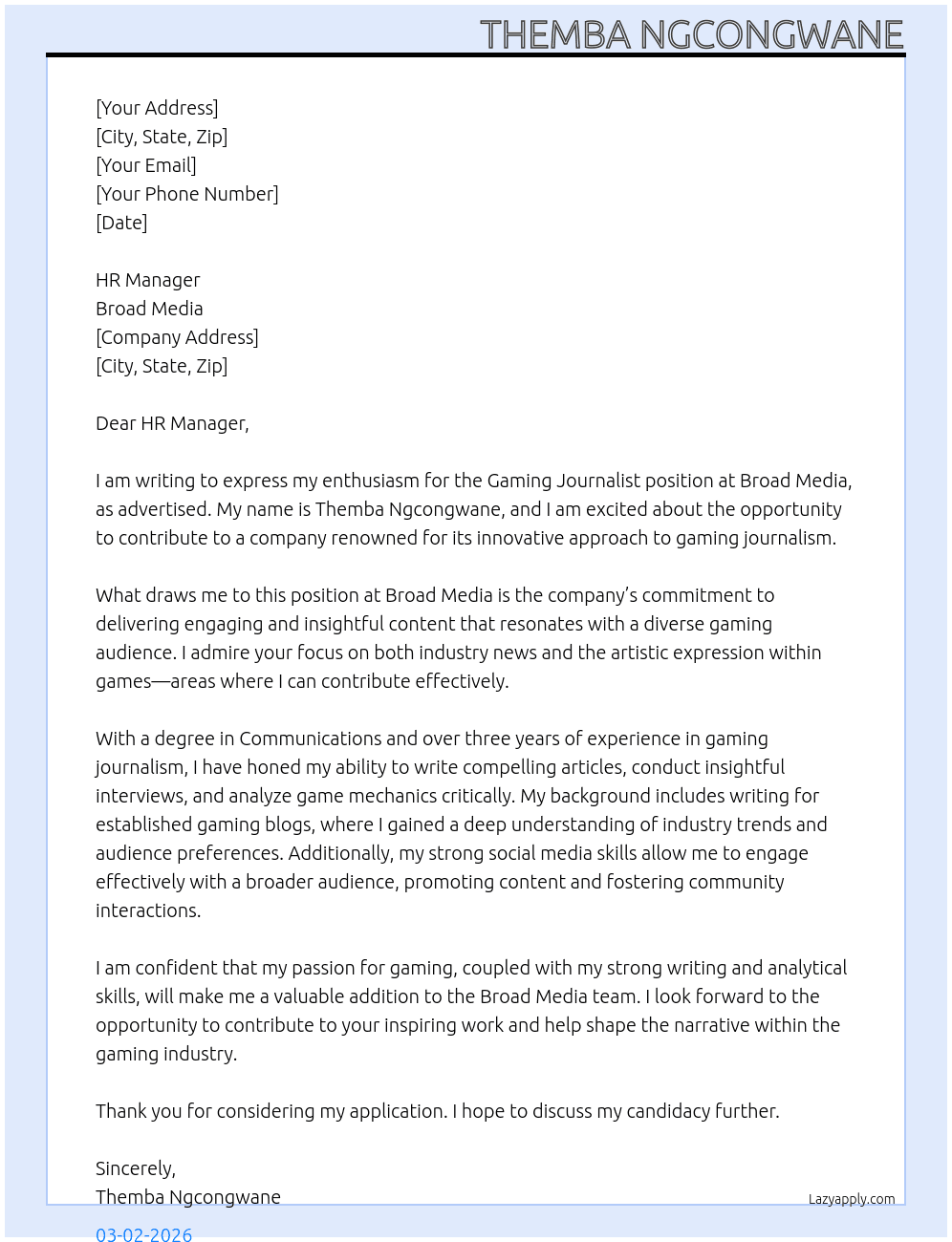 Gaming Journalist At Broad Media Cover Letter