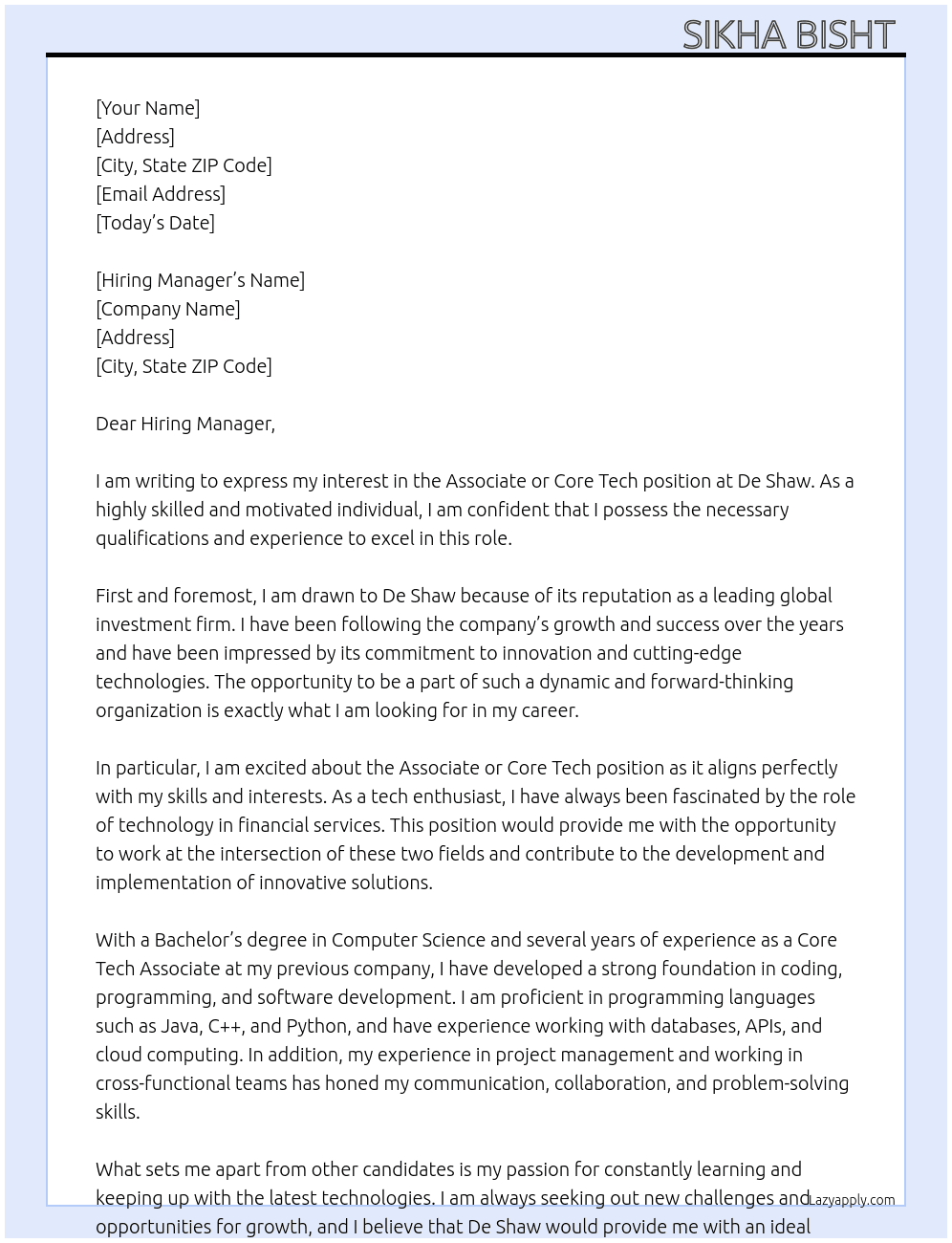 Cover letter for associate or core tech - LazyApply