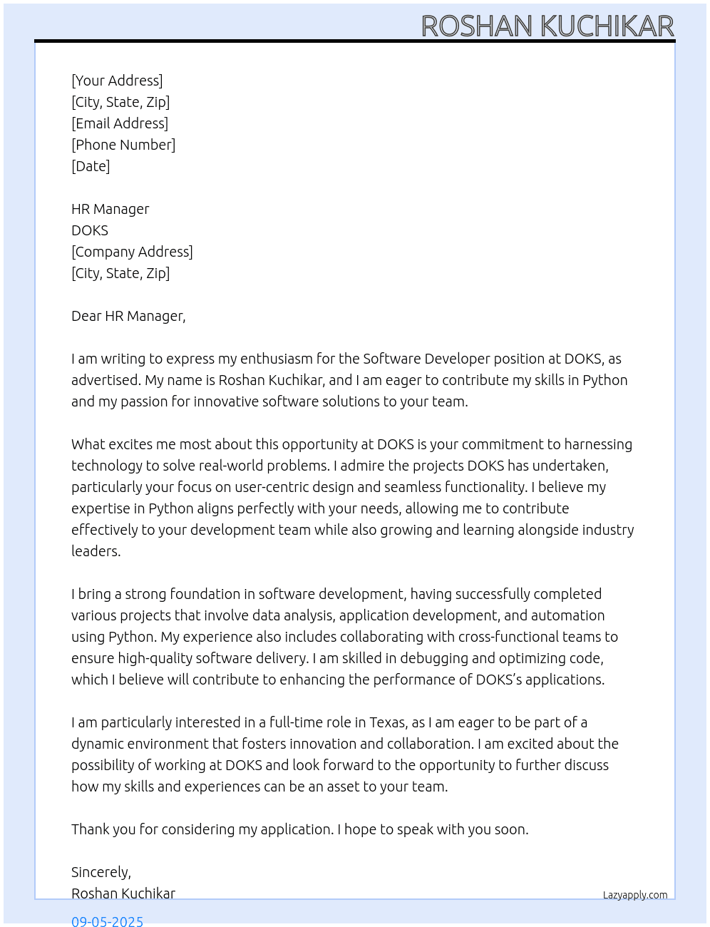 software developer At DOKS Cover Letter