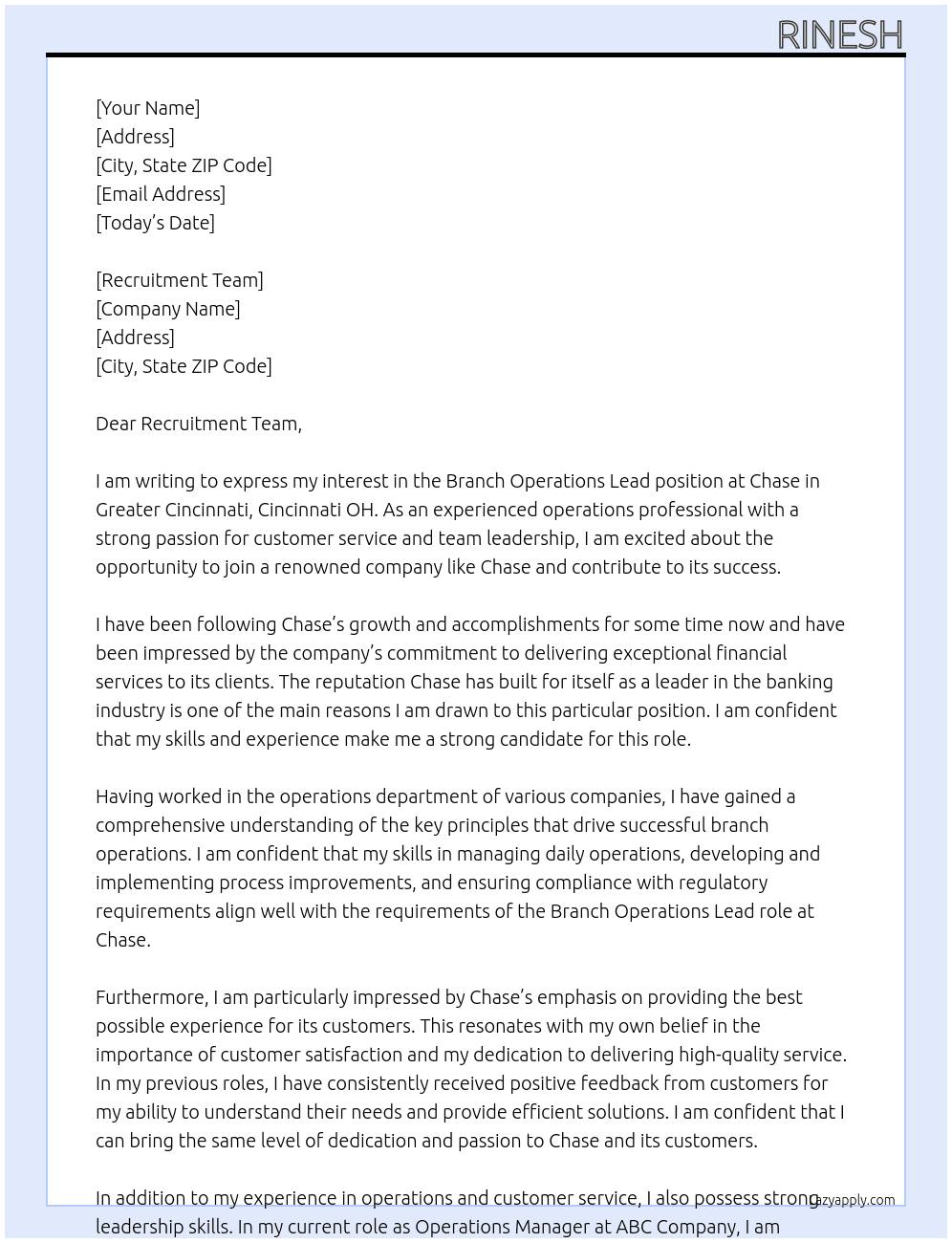 Cover letter for branch operations lead - greater cincinnati - cincinnati oh - LazyApply