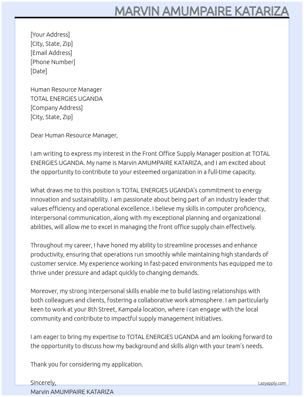 Front Office Supply Manager At TOTAL ENERGIES UGANDA  Cover Letter