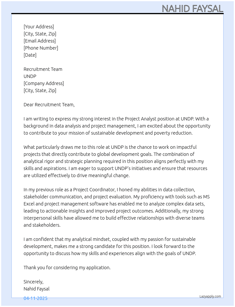 project analyst At UNDP Cover Letter