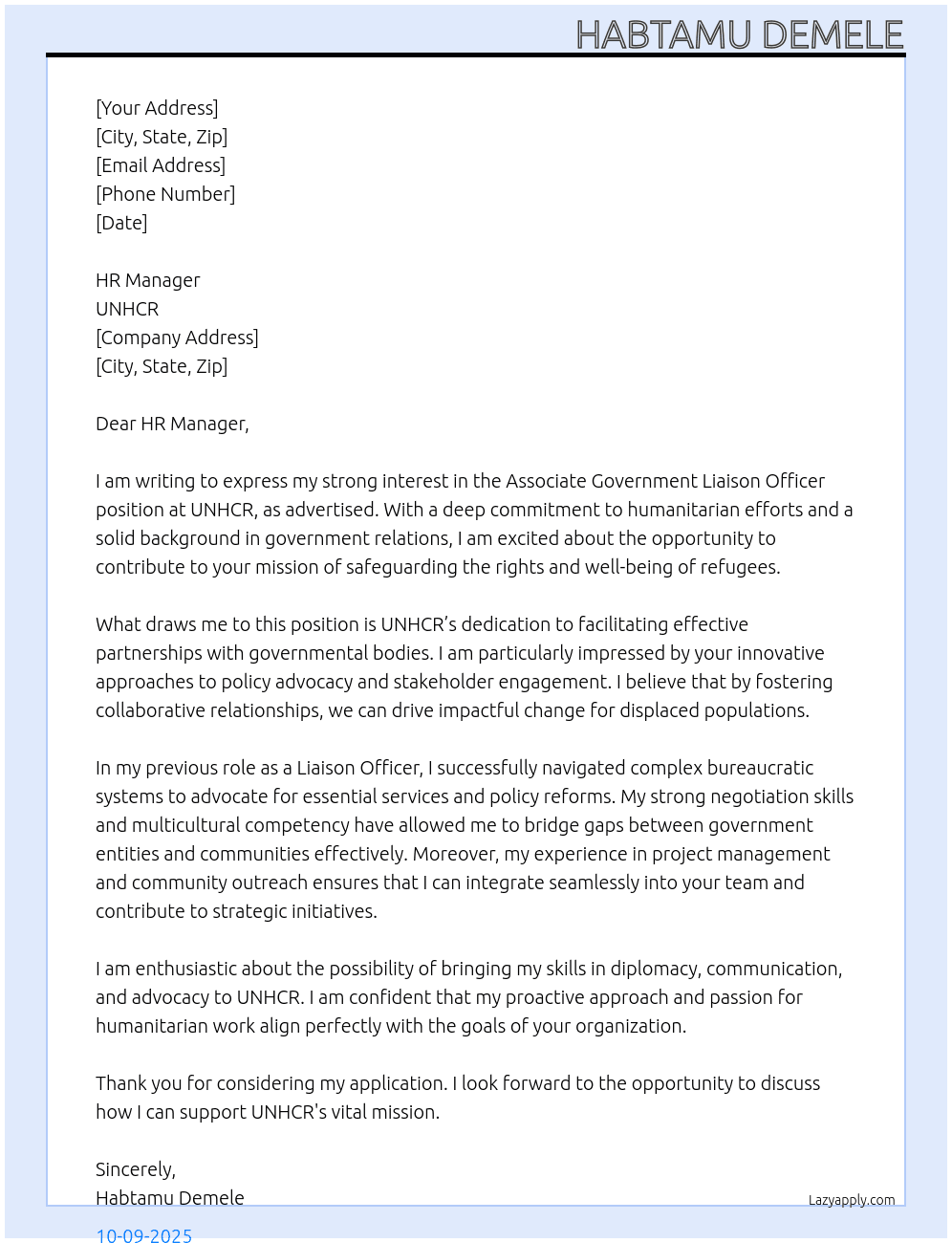 Associate Government Liaison Officer At UNHCR Cover Letter