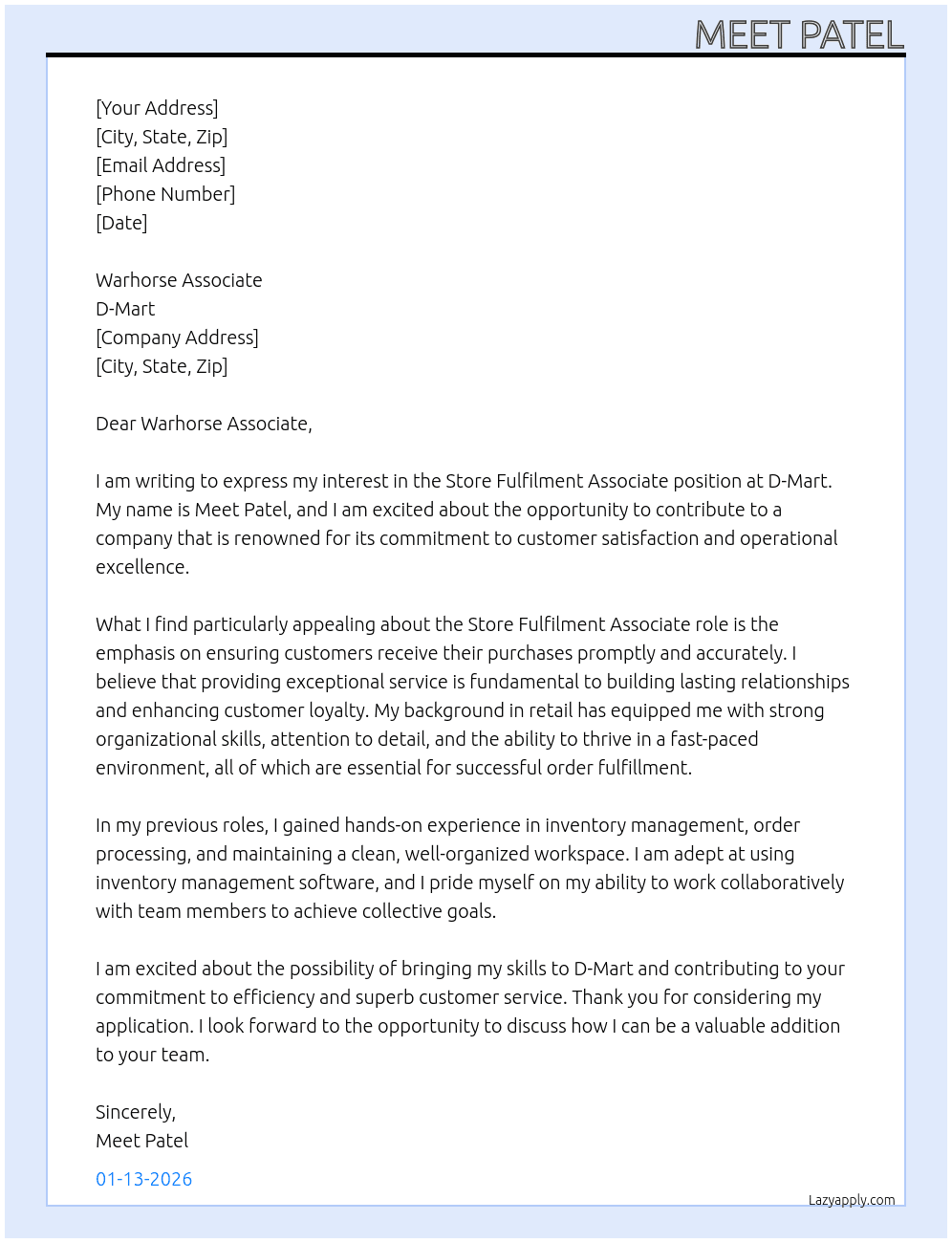 Store Fulfilment Associate  At D-Mart Cover Letter