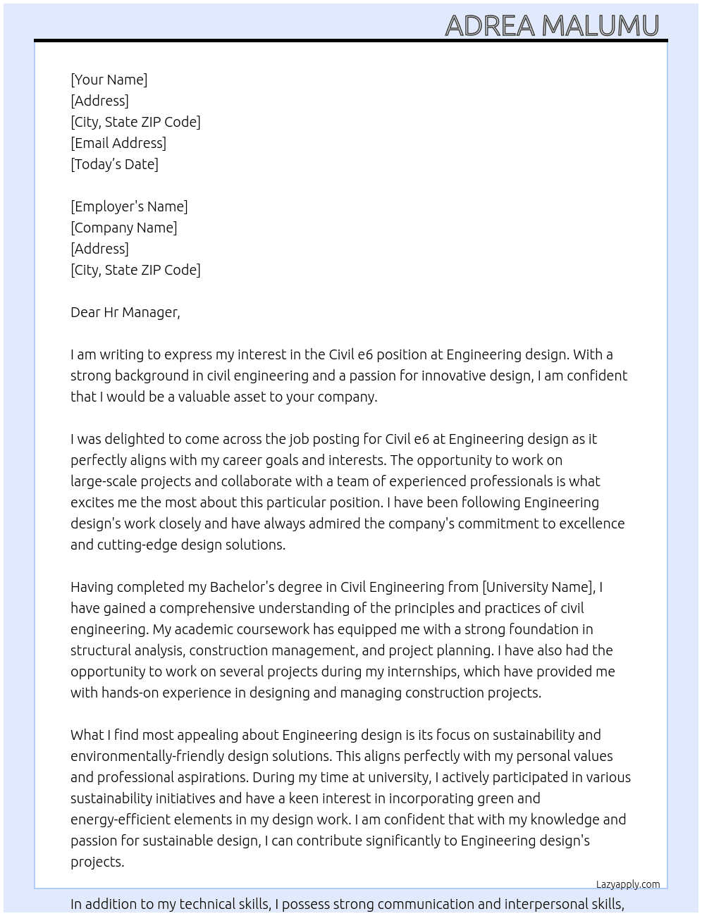 Civil e6 At Engineering design  Cover Letter