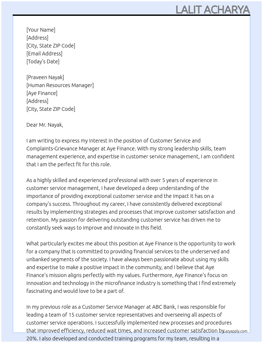 Cover letter for customer service and complaints-grievance manager - LazyApply