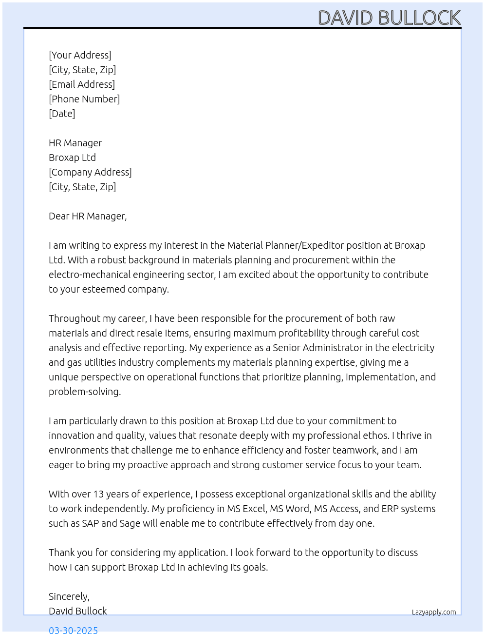 Material Planner/Expeditor At Broxap Ltd Cover Letter