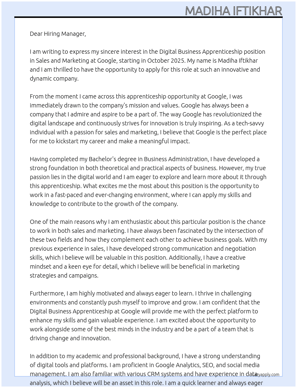 Cover letter for digital business apprenticeship, sales and marketing, october 2025 start - LazyApply