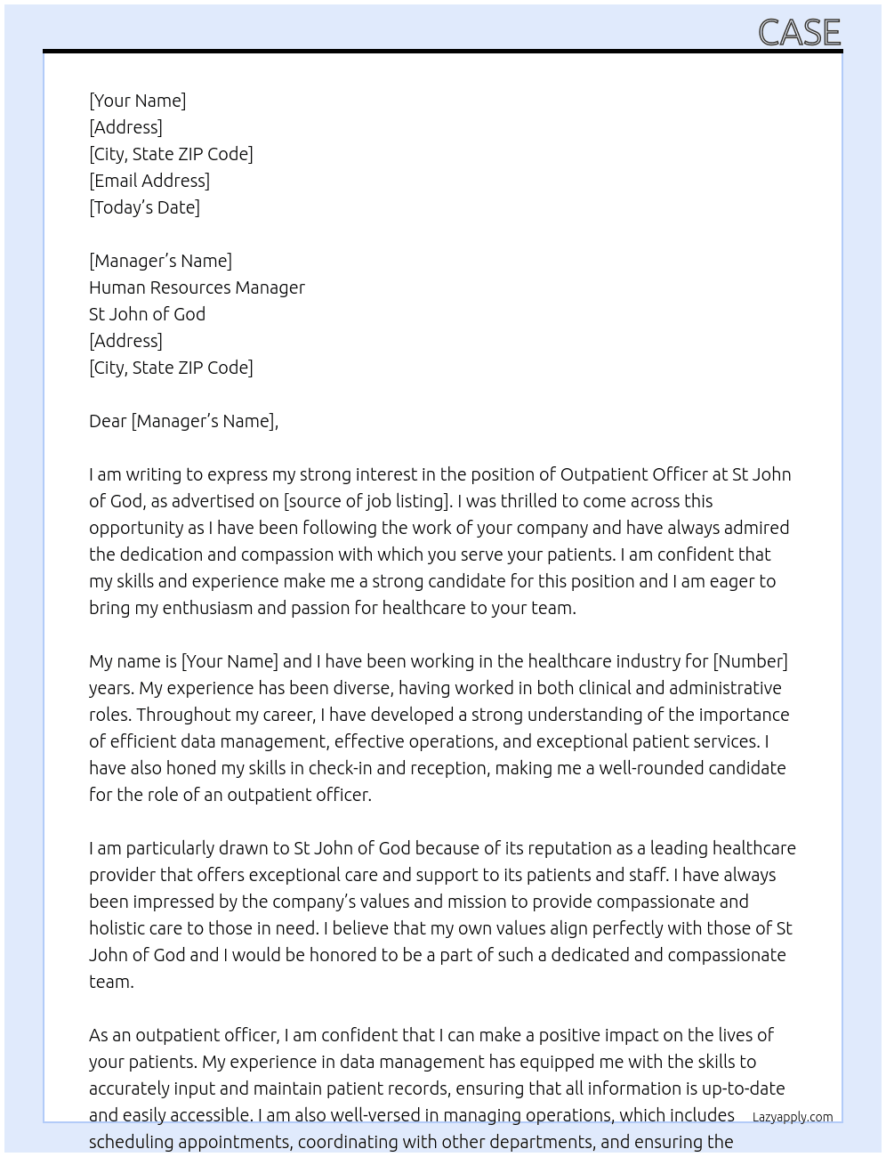 outpatient officer  At st john of god  Cover Letter