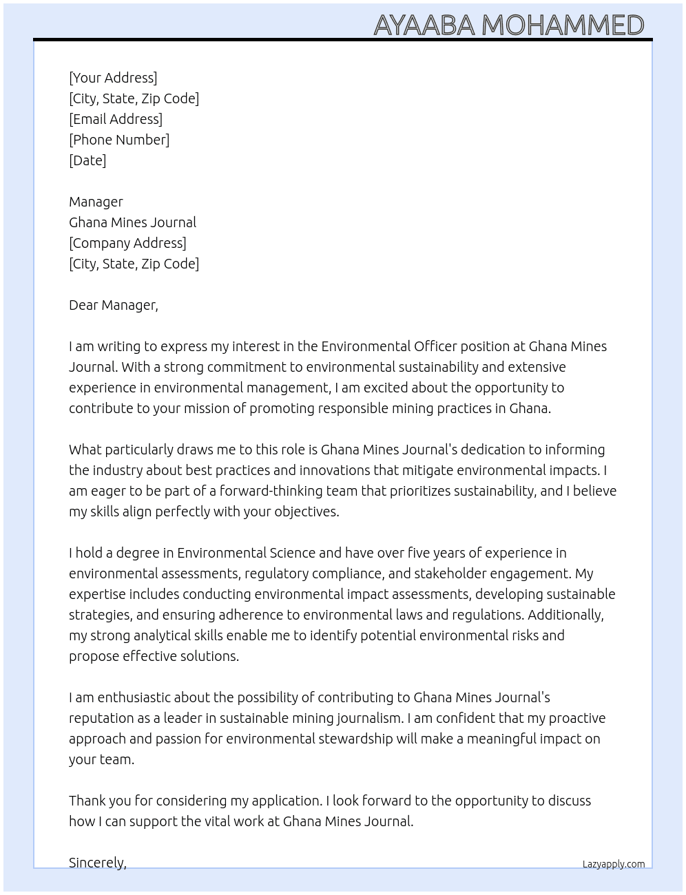 Environmental officer  At Ghana mines journal  Cover Letter