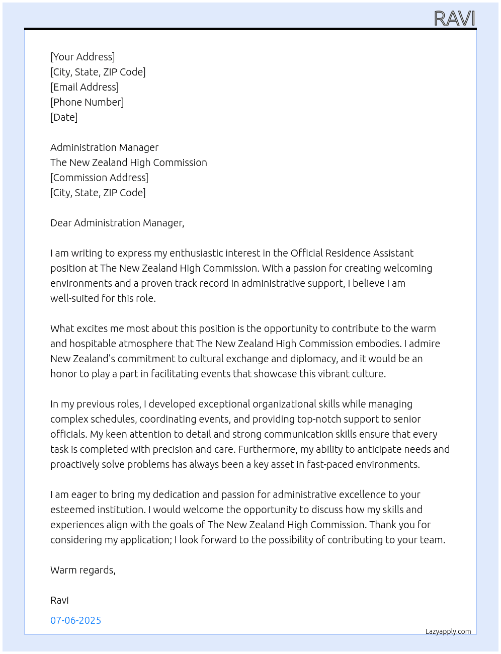 Official Residance Assistant  At The Newzealand High Commission  Cover Letter