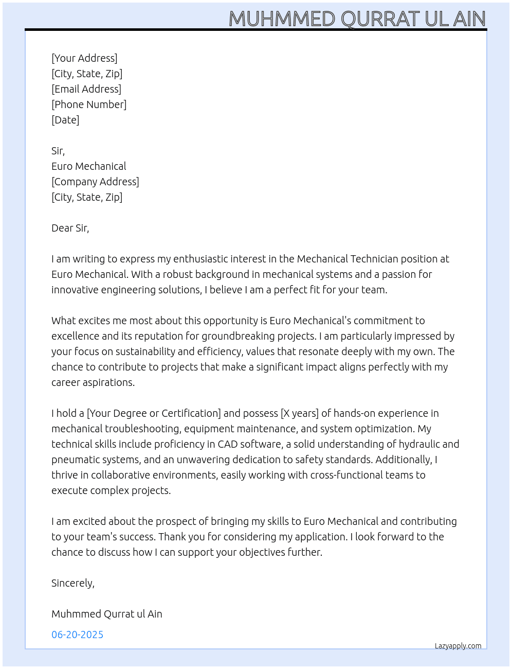 Mechanical technician  At Euro mechanical  Cover Letter