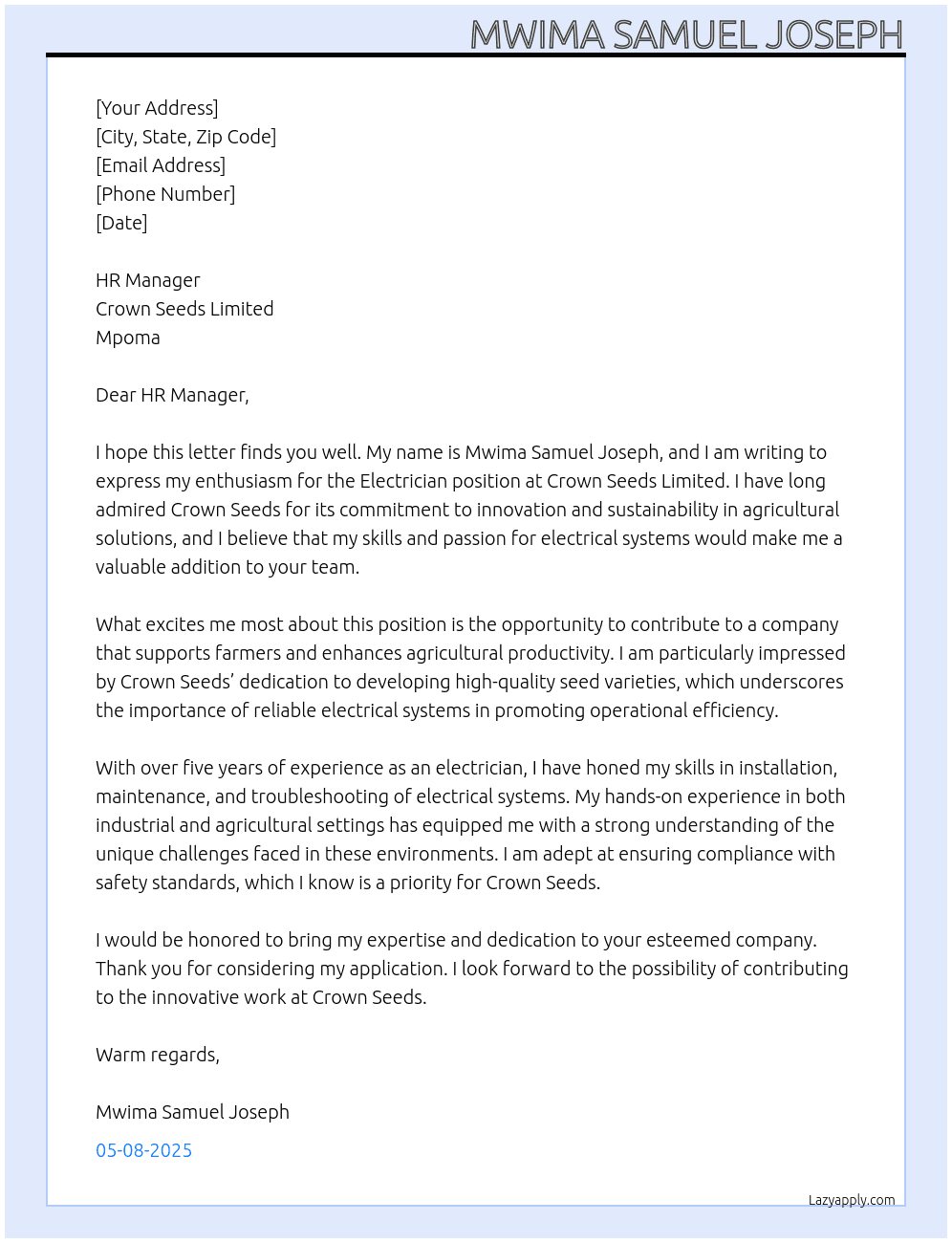 Electrician  At Crown seeds Cover Letter