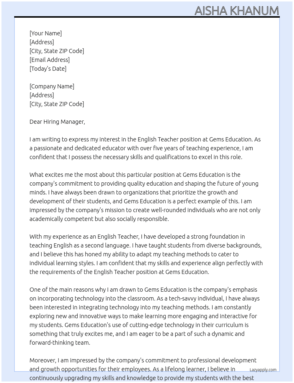 English Teacher At Gems Education Cover Letter
