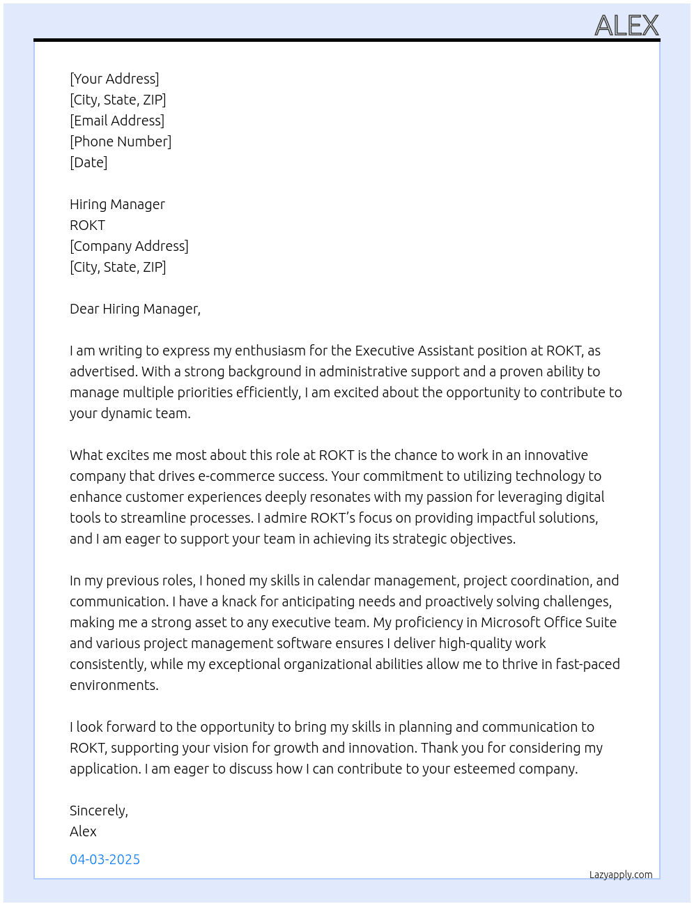 executive assistant At ROKT Cover Letter