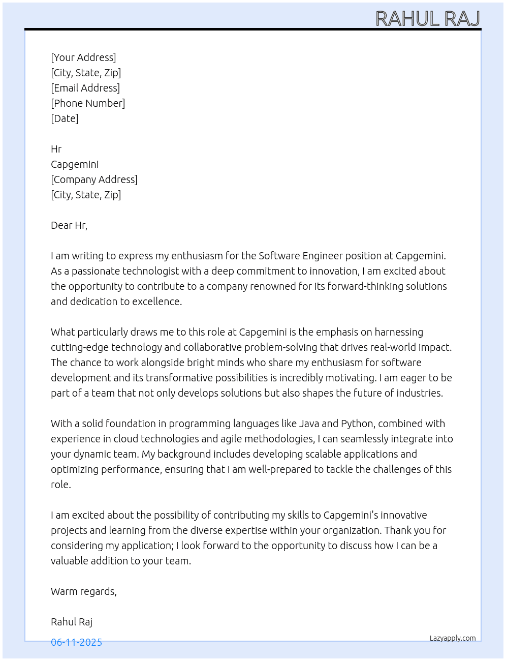 Software engineer At Capgimini Cover Letter