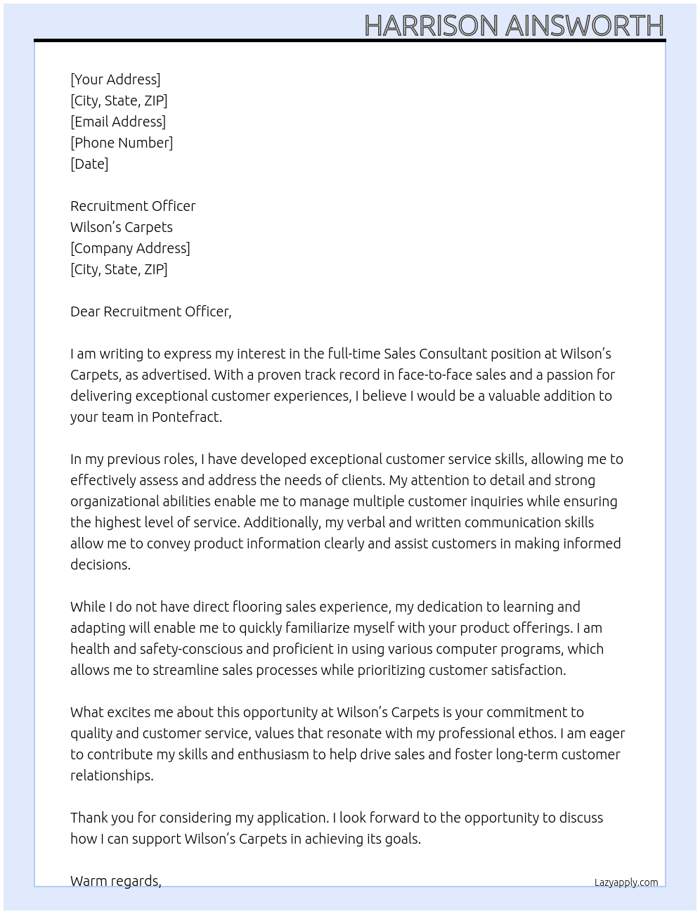 Sales consultant  At Wilson’s carpets Cover Letter