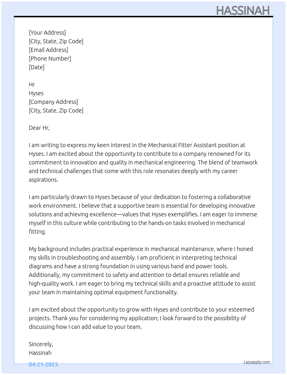 Mechanical Fitter Assistant  At Hyses Cover Letter
