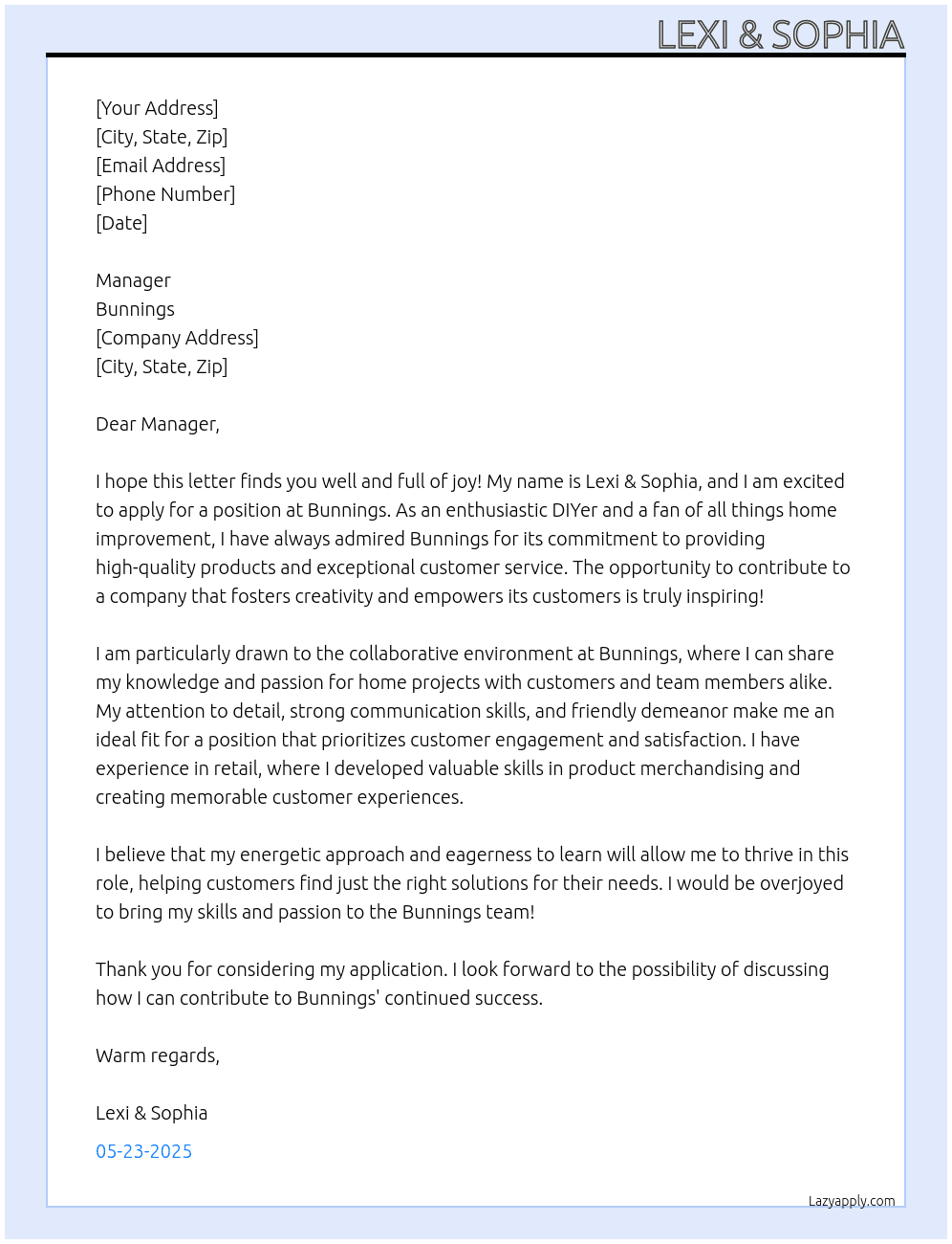 bunnings At bunnings Cover Letter