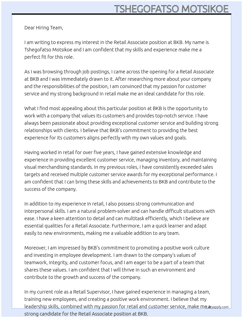 Retail Associate  At BKB Cover Letter