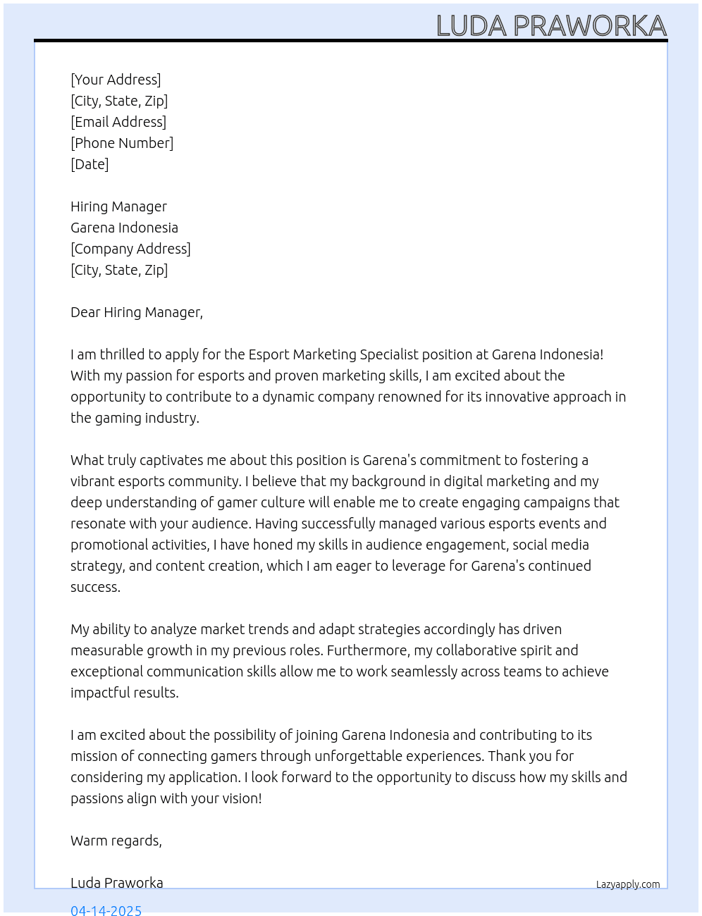 esport marketing specialist At Garena Indonesia Cover Letter