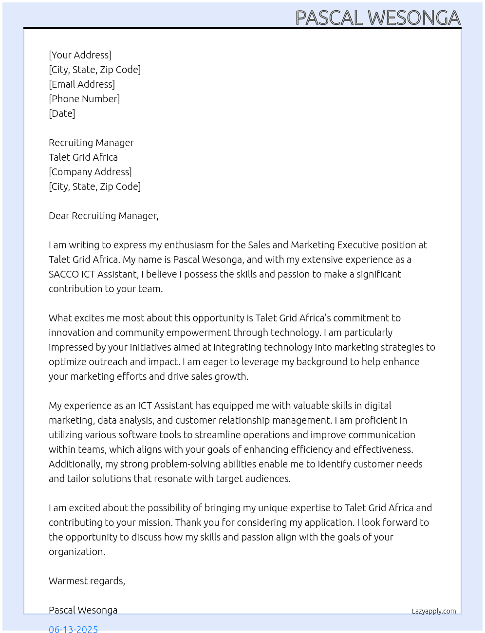 SALES AND MARKETING EXECUTIVE  At TALET GRID AFRICA Cover Letter