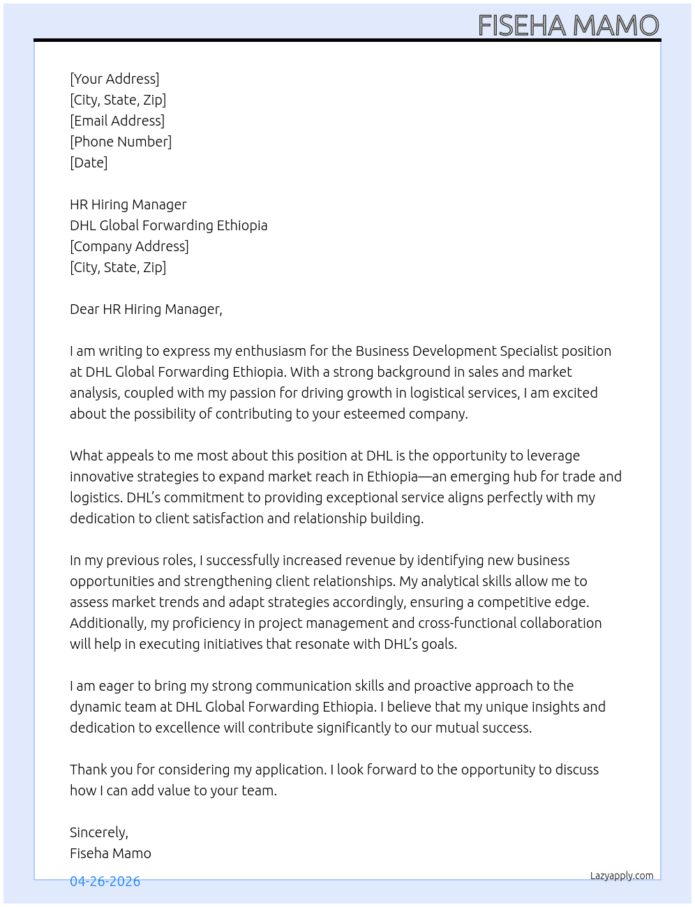 Business Development Specialist – Ethiopia At DHL Global Forwarding Ethiopia Cover Letter