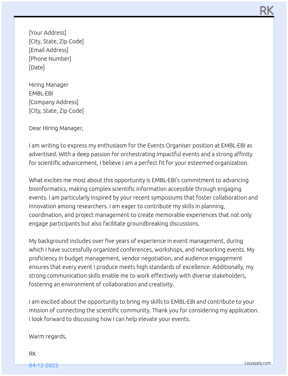 Events Organiser At EMBL-EBI Cover Letter