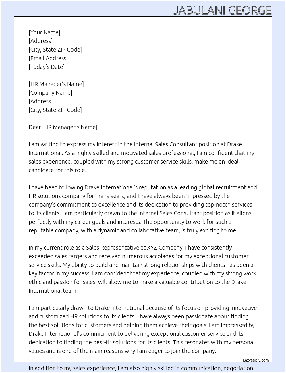 Internal Sales Consaltant  At Drake International Cover Letter