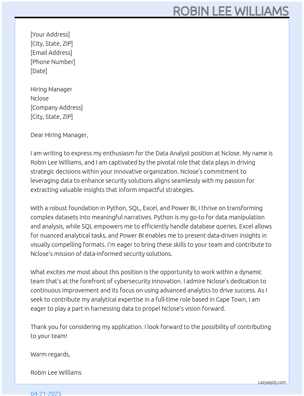 Data analyst  At Nclose Cover Letter