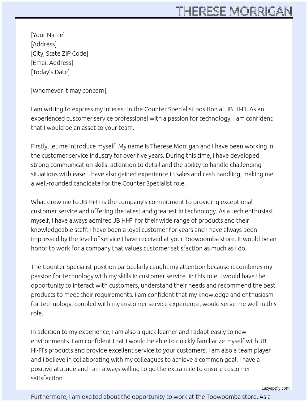 Counter Specialist At JB Hi-Fi Cover Letter