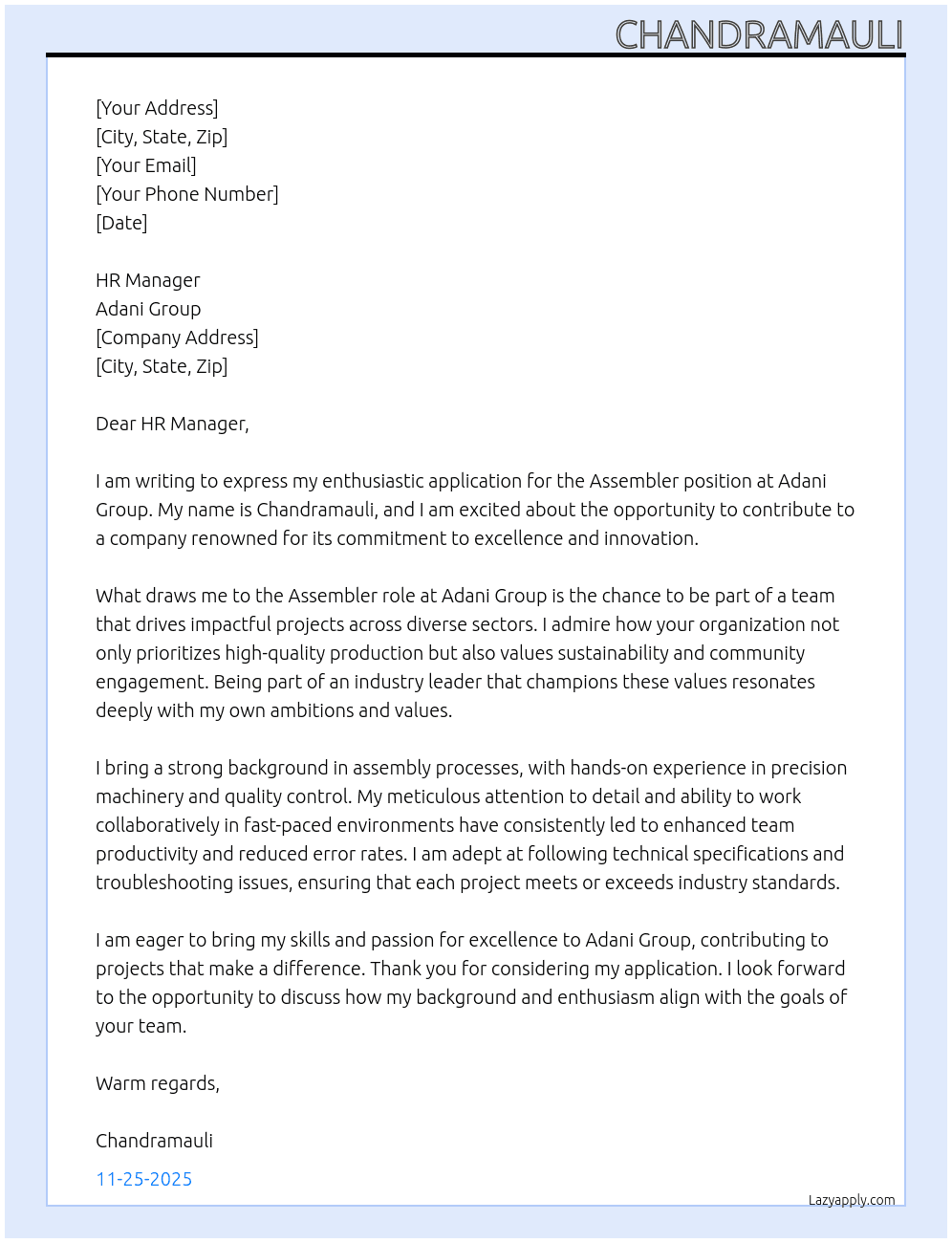 Assembal At Adani group Cover Letter