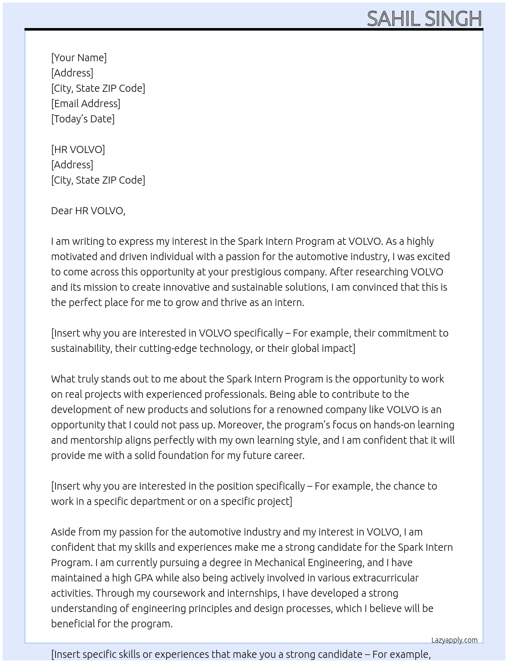 Spark Intern Program At VOLVO Cover Letter