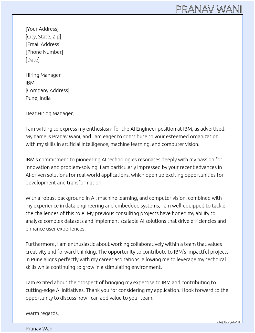 Cover letter for ai engineer - LazyApply