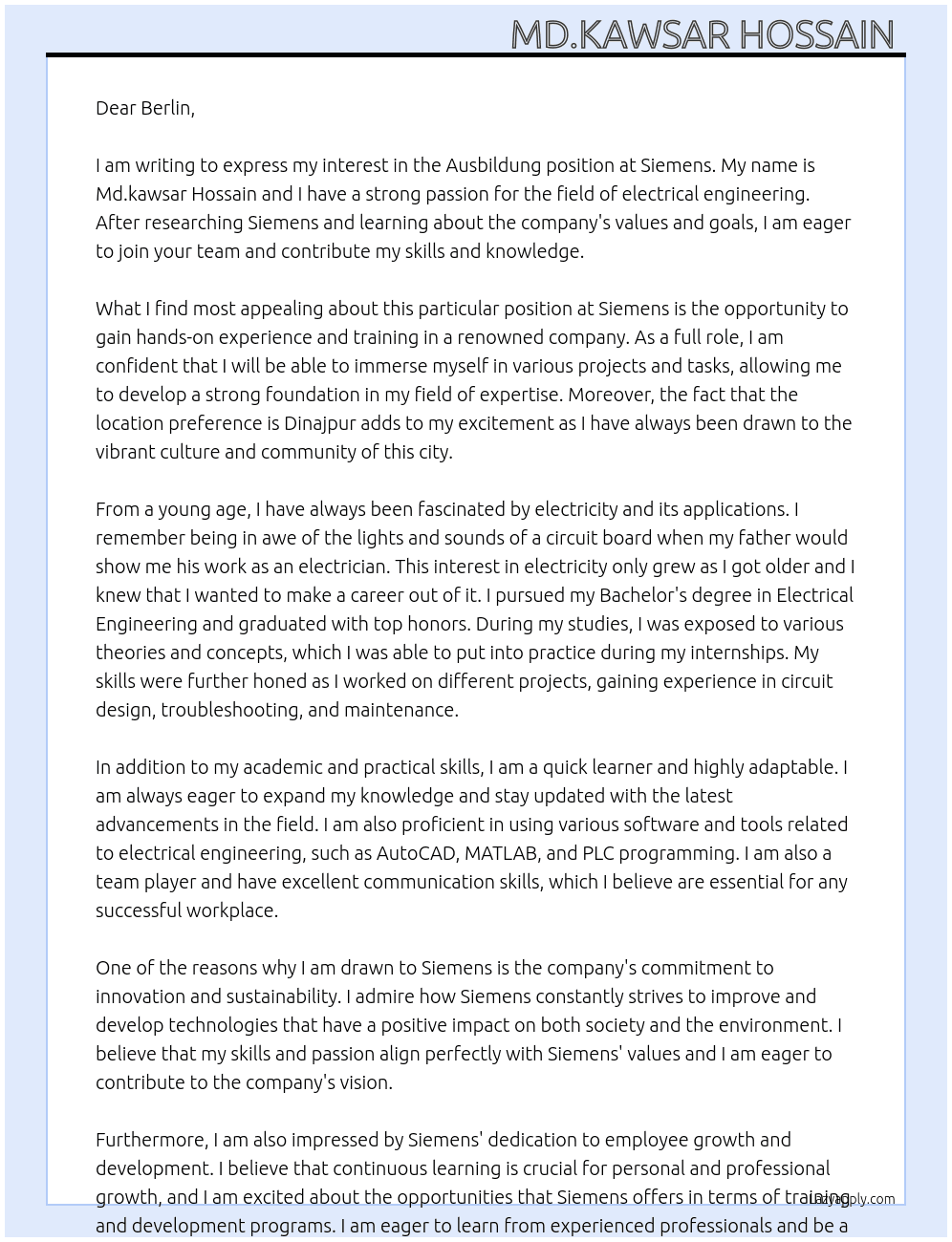 ausbildung At Siemens  Cover Letter