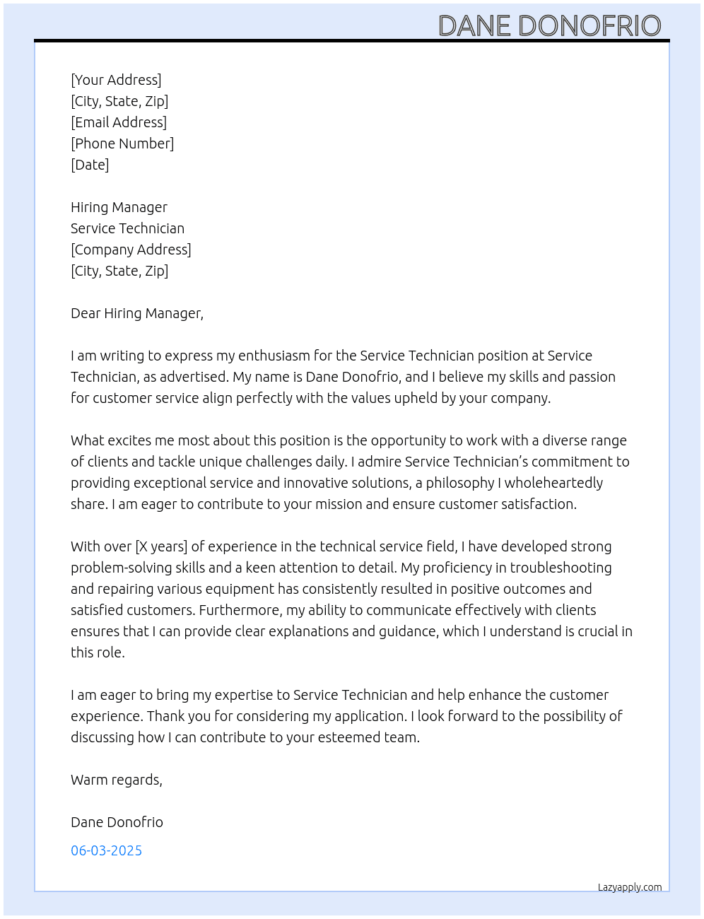 Service Technician At Service technician  Cover Letter