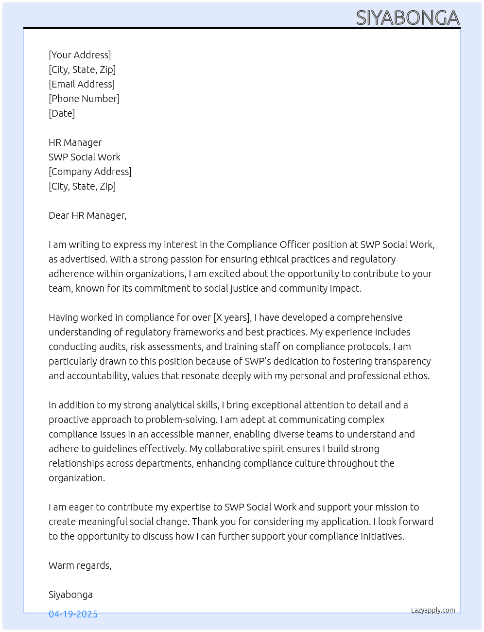 compliance officer  At SWP social work Cover Letter