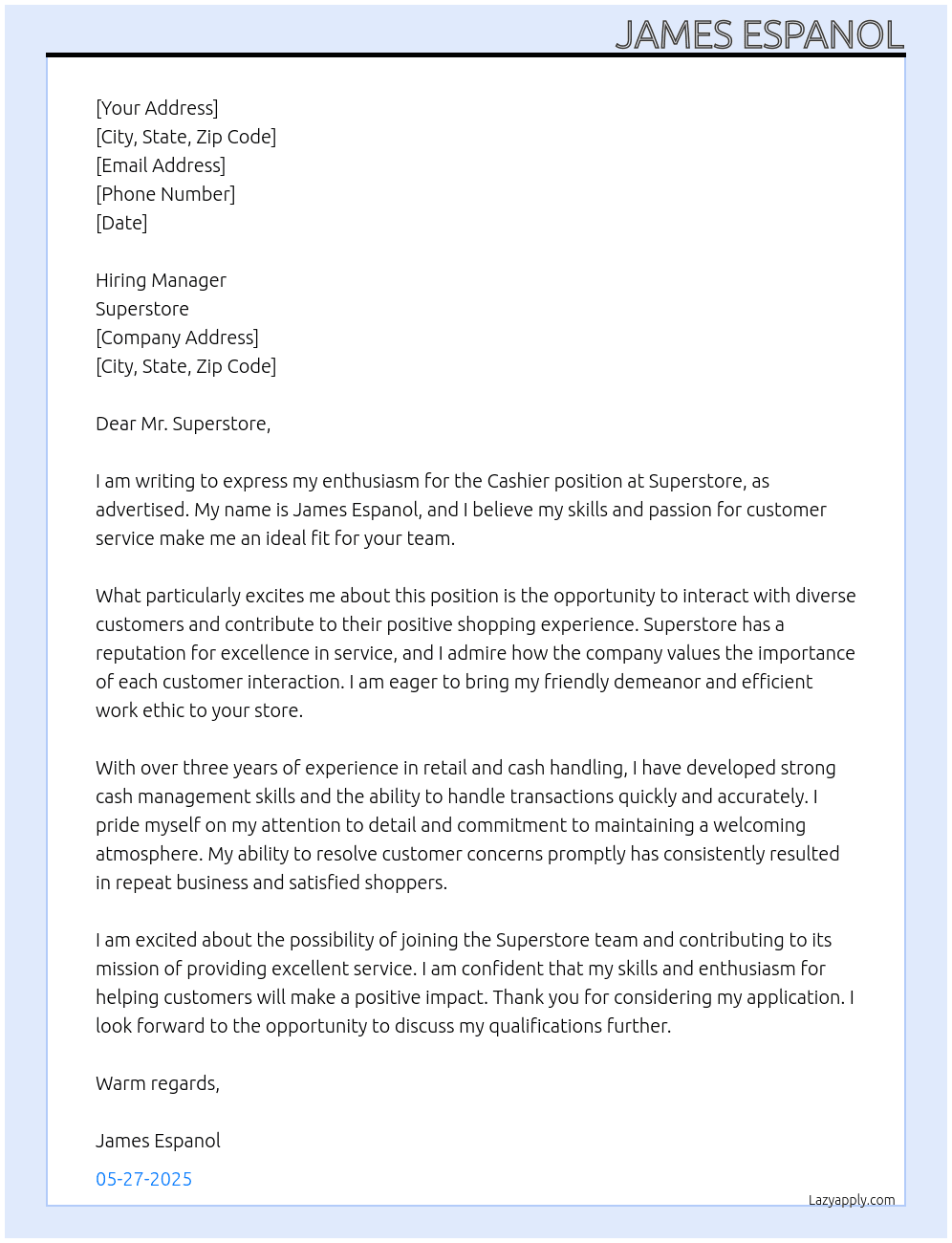 Cashier At Superstore Cover Letter